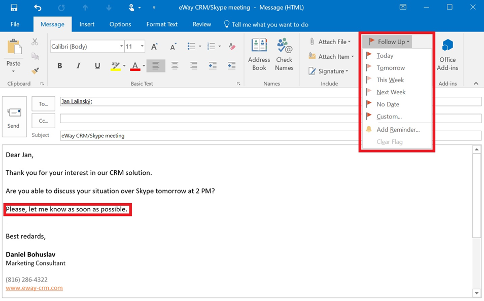 Do people to reply to your emails? Set a reminder! Outlook CRM