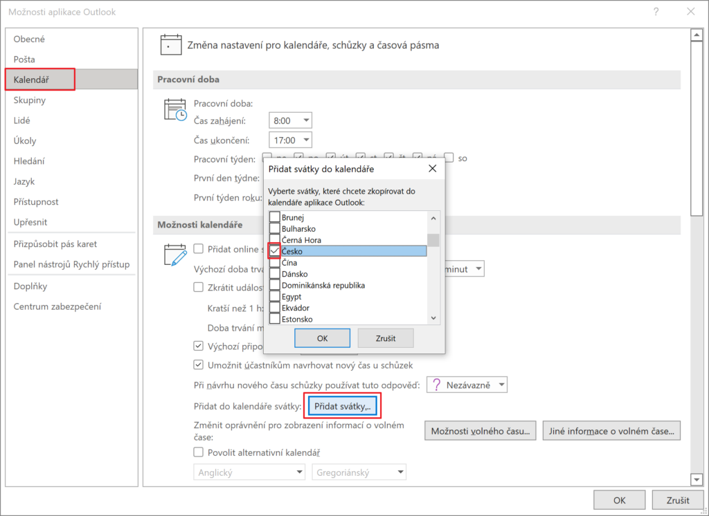 Svátky v Outlook