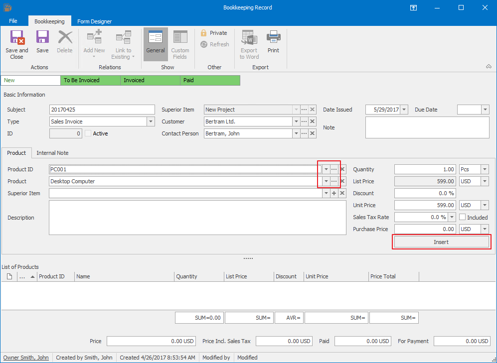 Bookkeeping record
