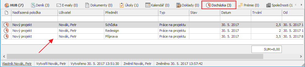 Docházka v projektu