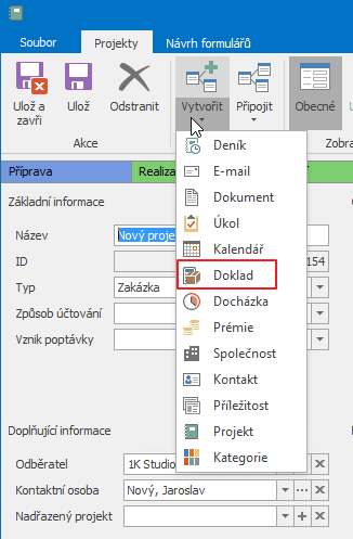 Nový záznam do dokladu