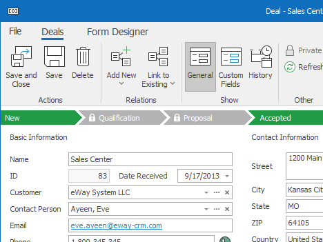 Deal dialog in eWay-CRM