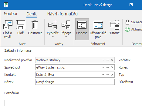 Okno deníku v eWay-CRM
