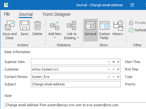 Journal dialog in eWay-CRM