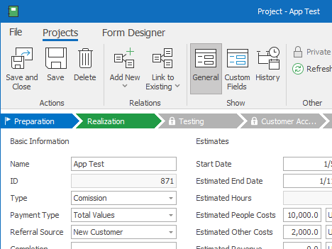 Project dialog in eWay-CRM