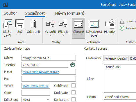 Okno spoločnosti v eWay-CRM