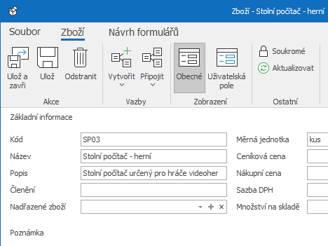 Okno zboží v eWay-CRM