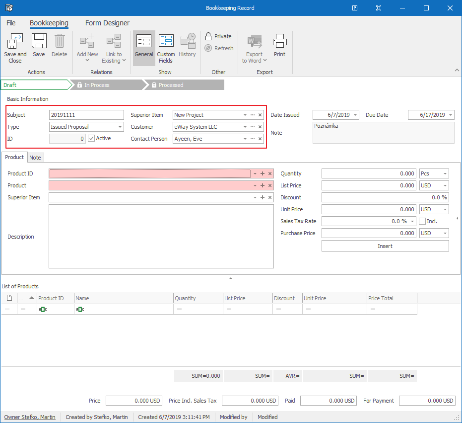 Fill Values of Bookkeeping Record