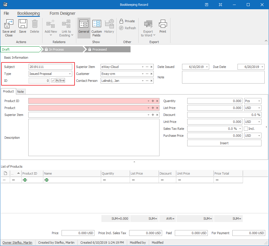 Pre-filled Bookkeeping Record