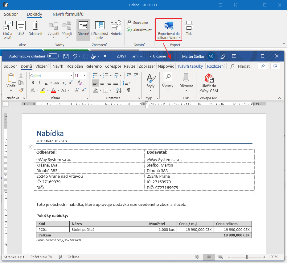 Exportovat dokladu do Wordu