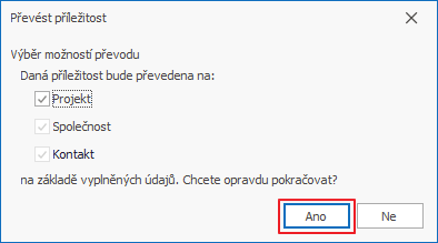 Převést na projekt, společnost a kontakt