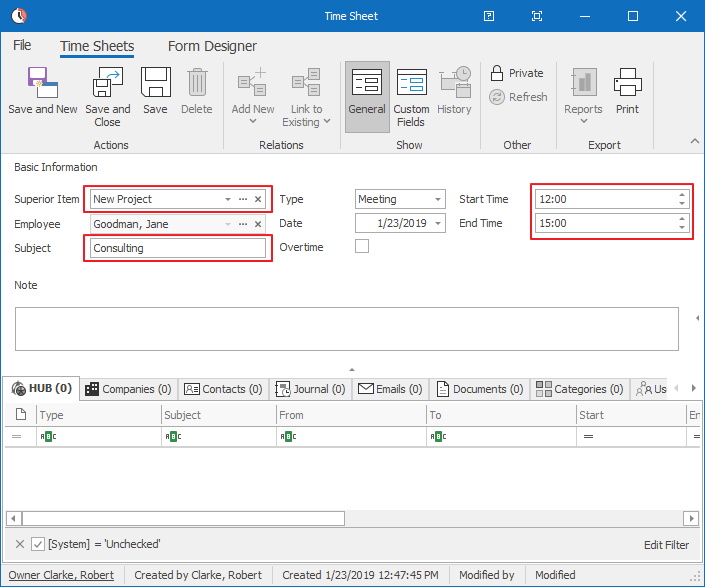 Time Sheet Values