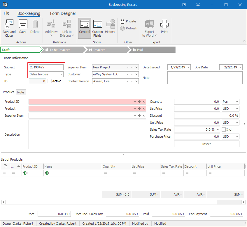 Pre-filled Values on Bookkeeping Record