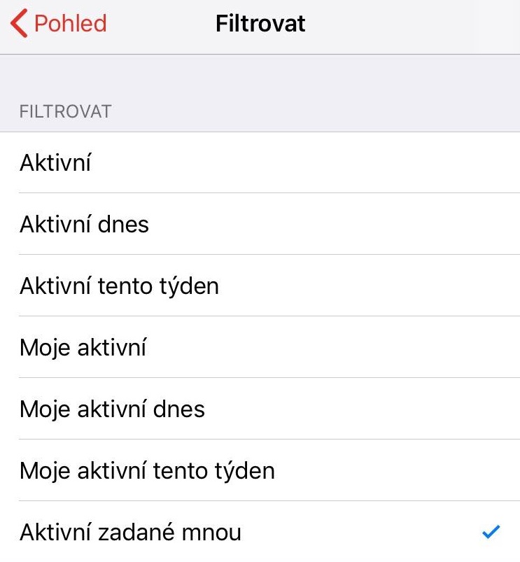 filtrace úkoly mobil