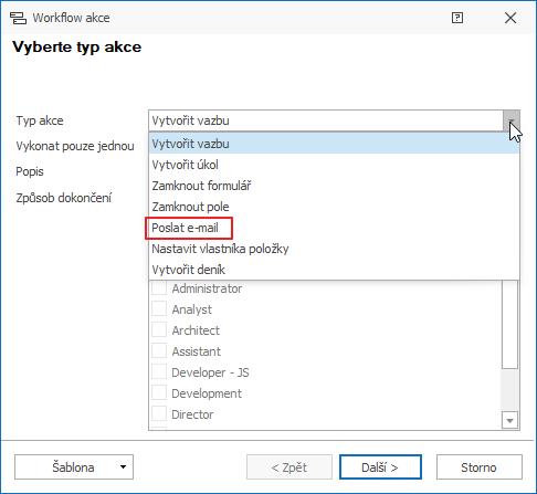 Vybrat akci Poslat e-mail