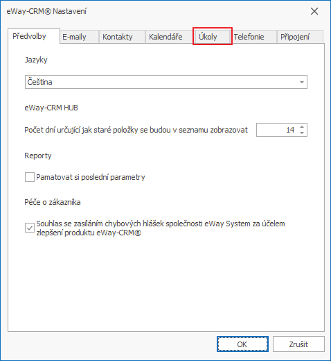 Záložka Úlohy v Nastavení eWay-CRM