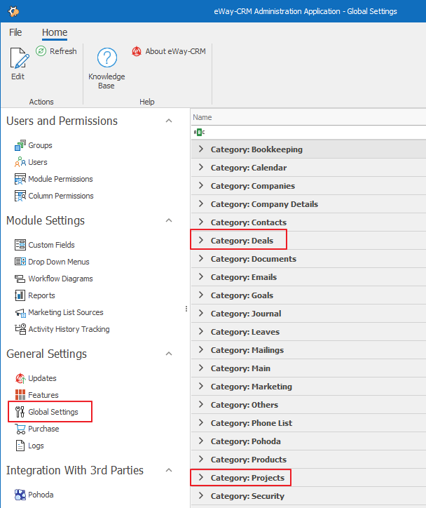 Global Settings for Deals and Projects