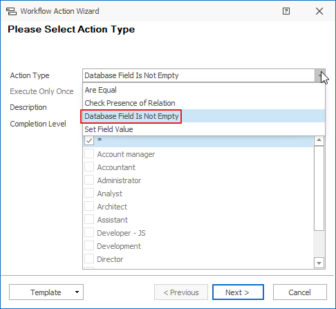 Database Field Is Not Empty Action