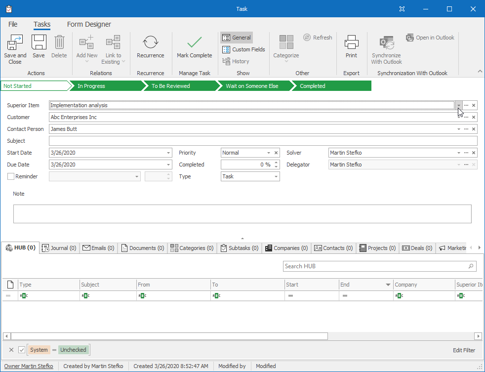Select Superior Item on Outlook Task