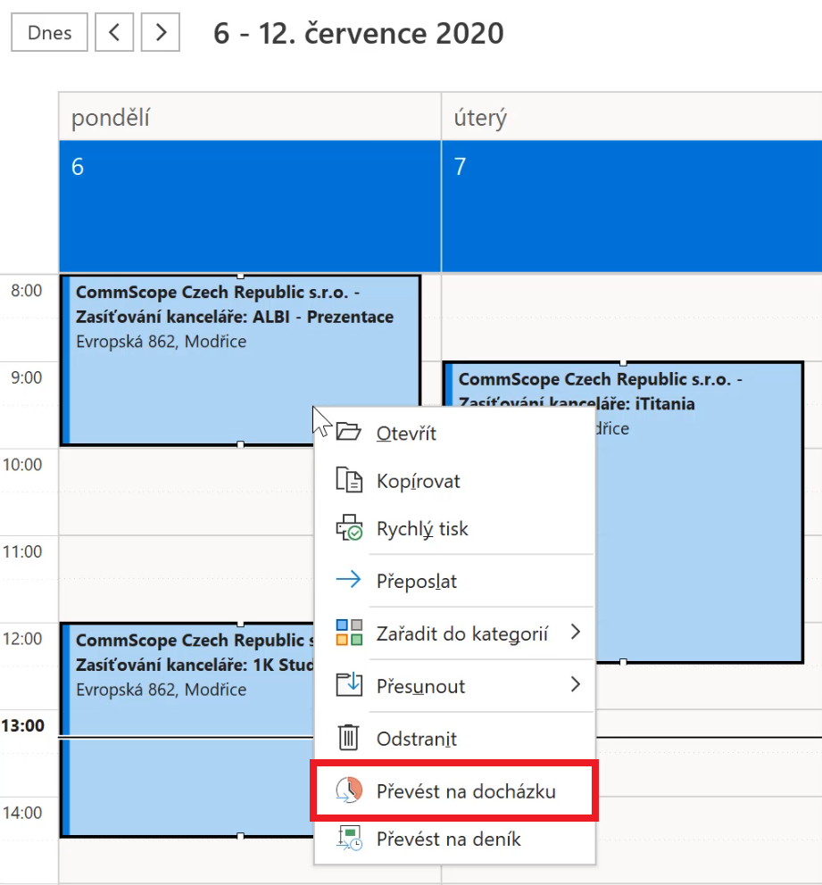 převod události z kalendáře na docházku