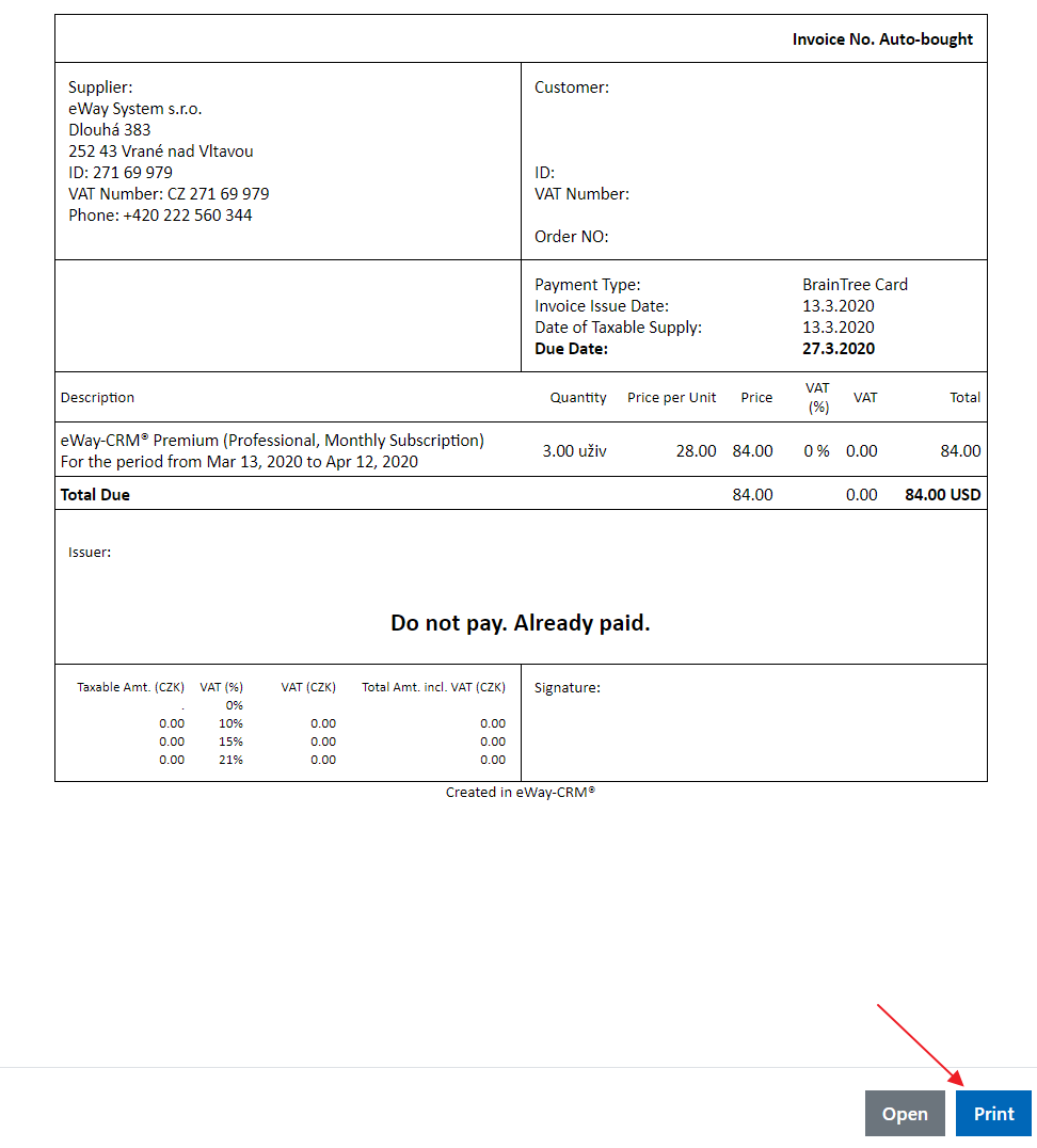 Download or Print eWayCRM Invoice The Best CRM