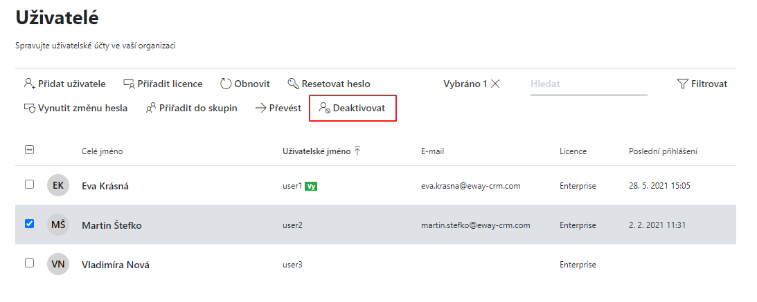 Deaktivovat uživatele