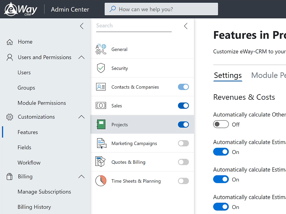 Activate modules in eWay-CRM Admin