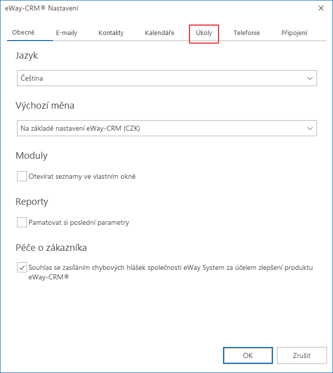Záložka Úkoly v Nastavení eWay-CRM