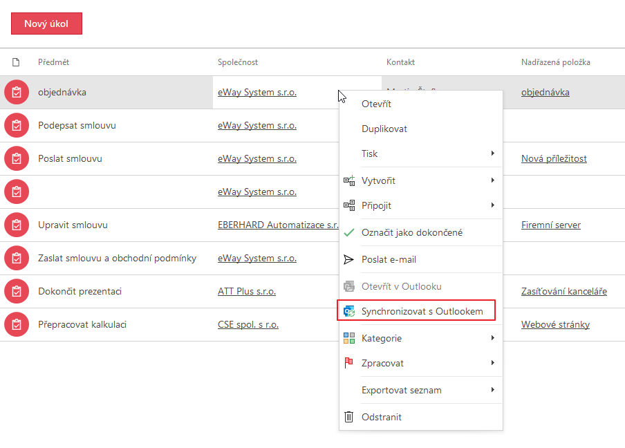 Synchronizovat úkol s Outlookem