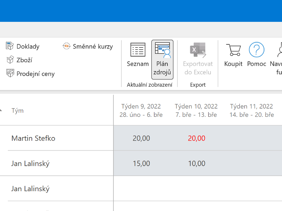 Přepnout seznam projektů na plán zdrojů