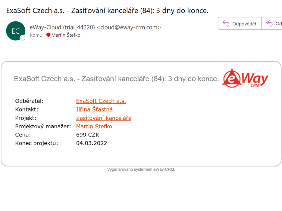 Notifikace o končícím projektu