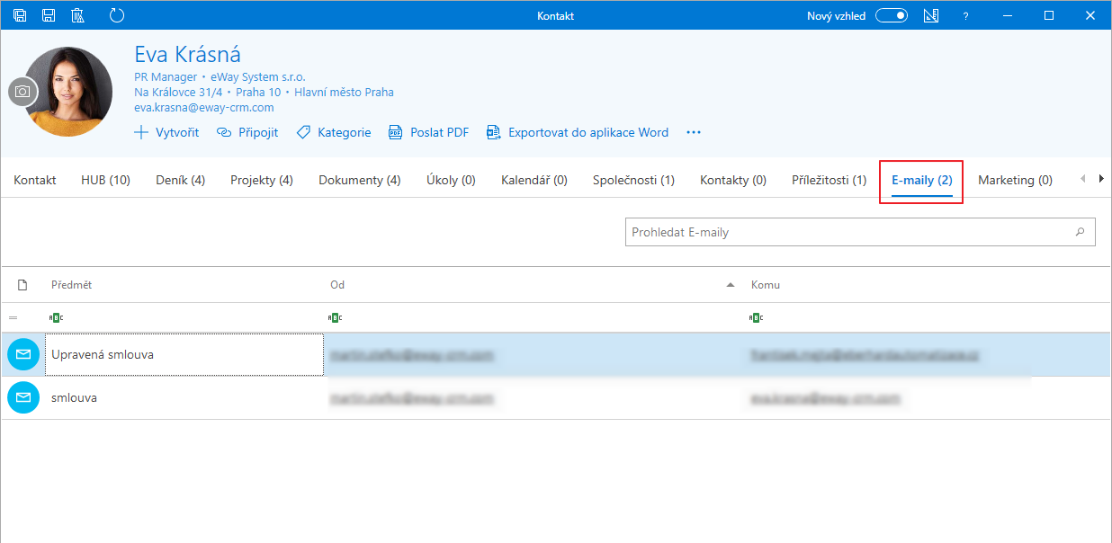 Záložka E-maily na kontaktu