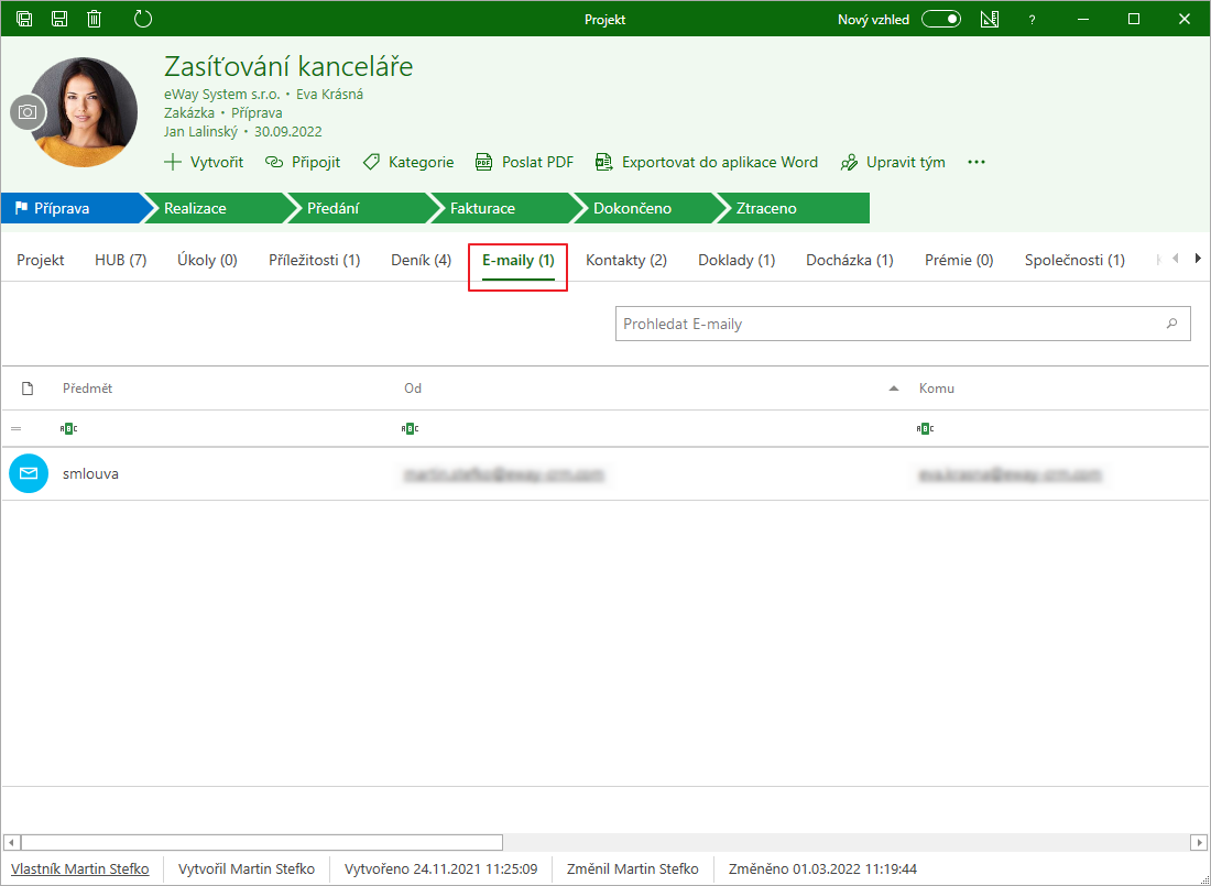 Záložka E-maily na projektu