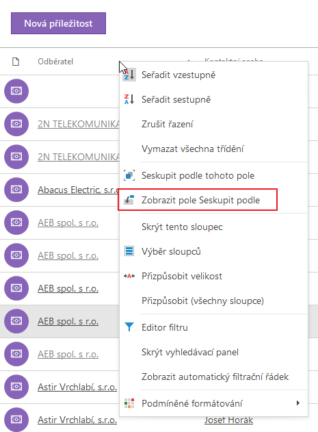 Zobrazit panel seskupení