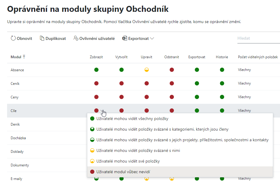 Práva na moduly