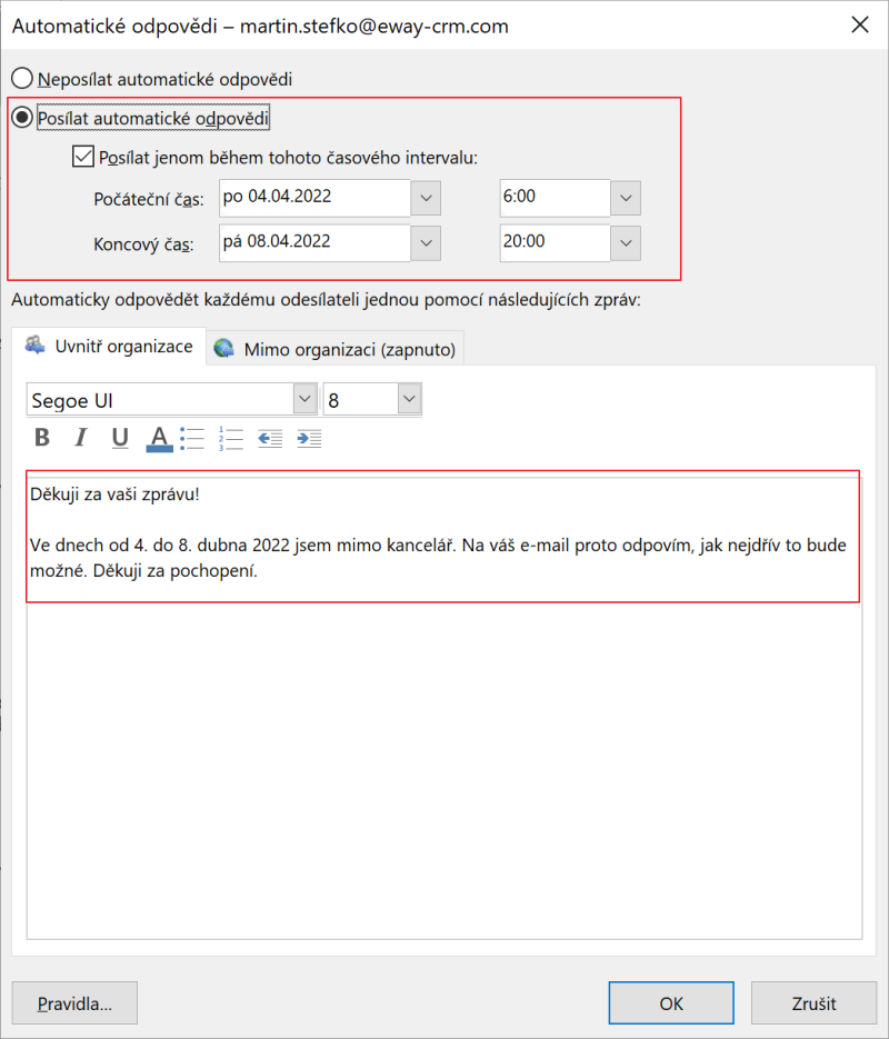 Nastavení automatické odpovědi out of office