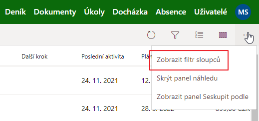 Zobrazit filtr sloupců