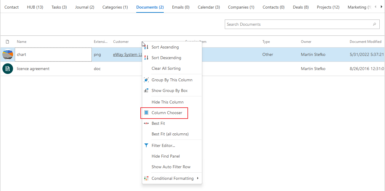 Column Chooser on Documents Tab