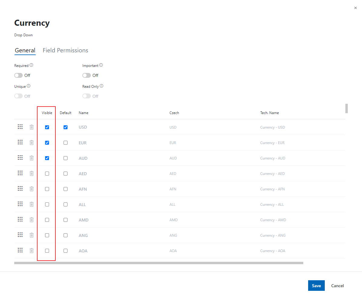 Currency Drop Down Menu