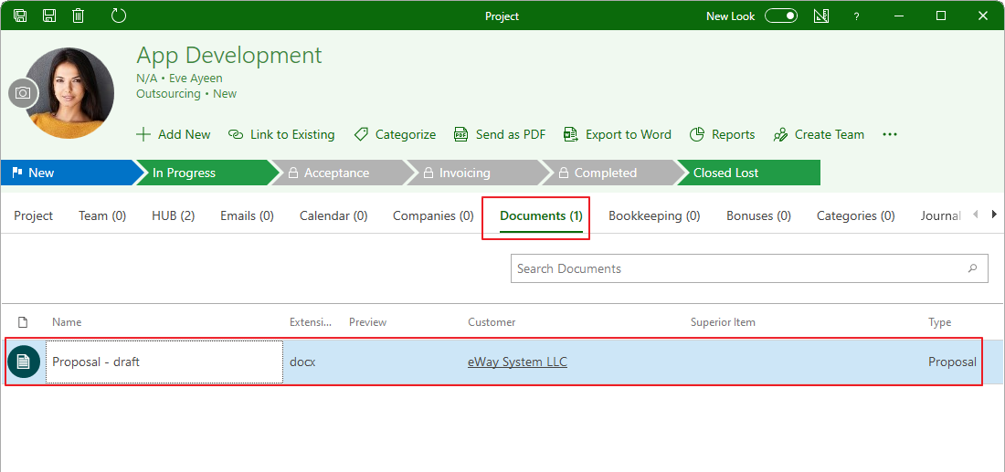 Documents Tab on Project
