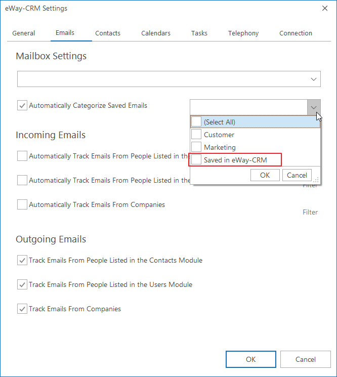 Select Category for Automatic Categorization of Emails