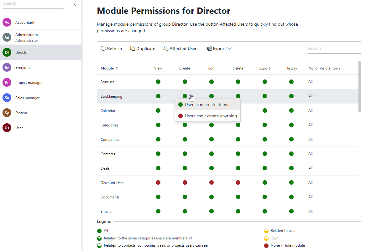 Module Permissions for Create