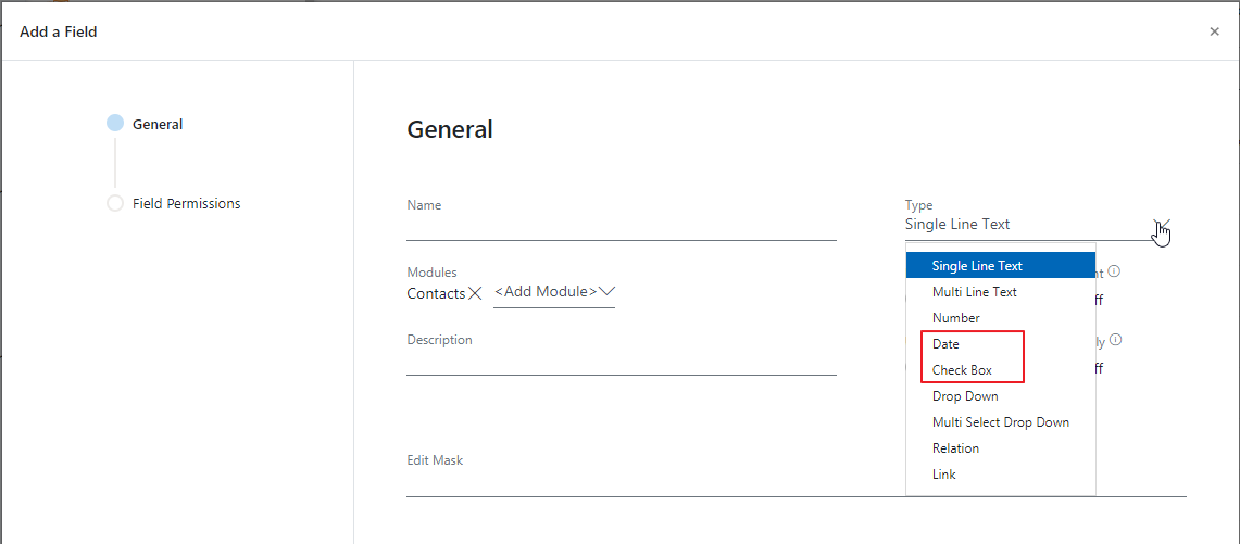 Date or Check Box Custom Field