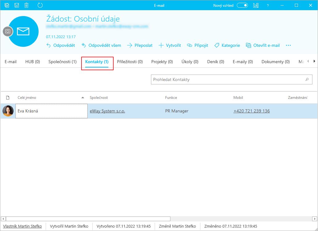 Záložka Kontakty na e-mailu