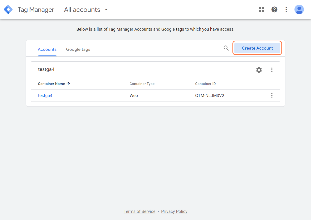 Create GTM account 