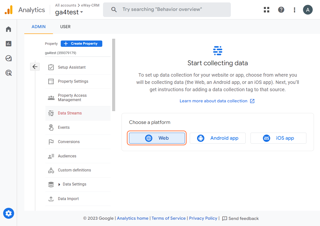 Choose a platform to collect data from ga4