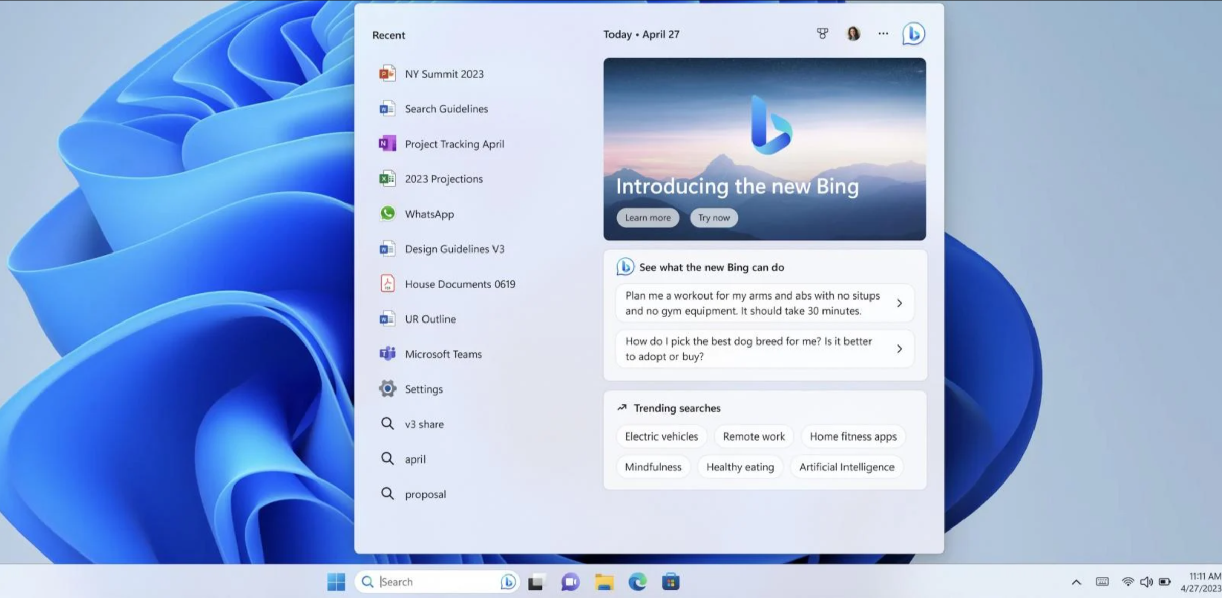 Bing Chat v hlavním panelu Windows 11, Zdroj: Microsoft