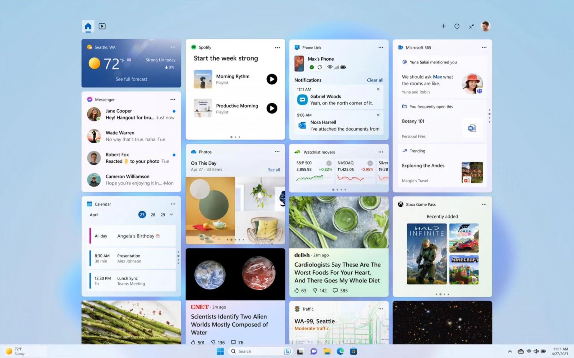 Full-screen Widgets in Windows 11. Source: Microsoft