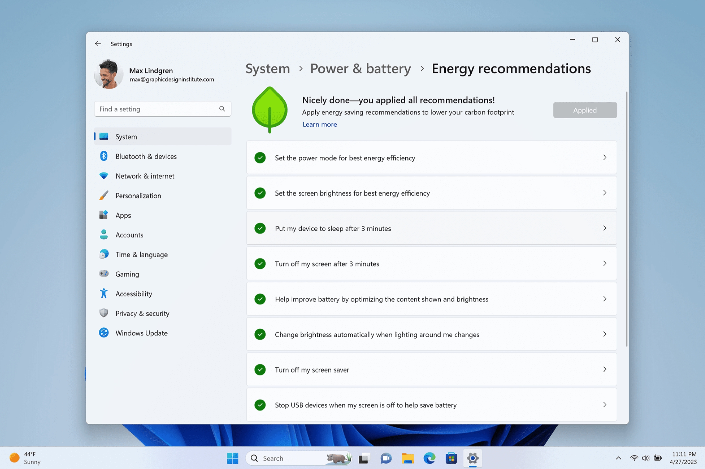 Energy recommendations in Windows 11. Source: Microsoft