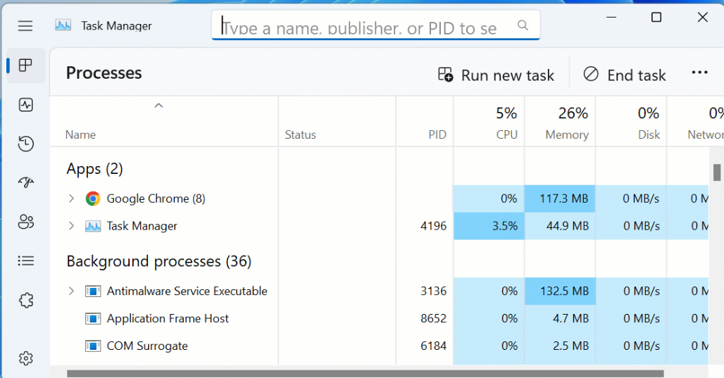 Vyhledávač ve Správci úloh. Source: Microsoft